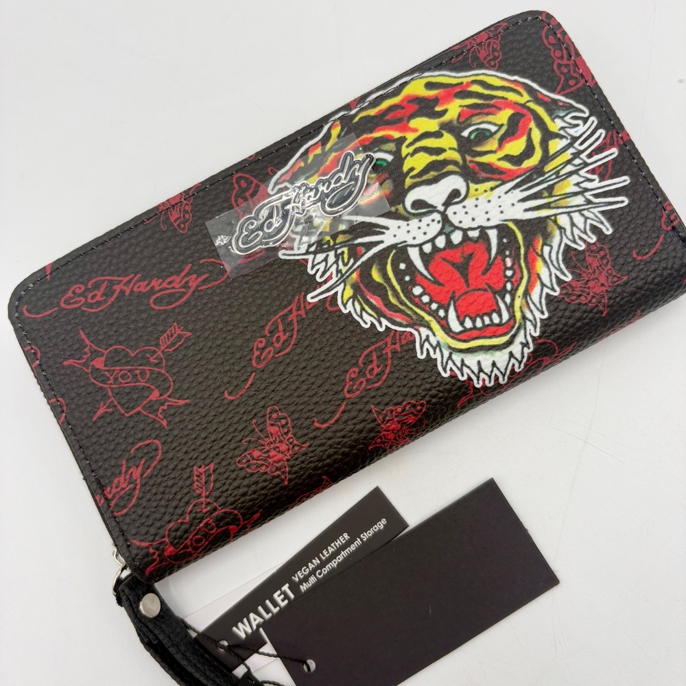 Ed Hardy Wallet Tiger Tattoo Zip Around Vegan Leather Multi Compartment Storage